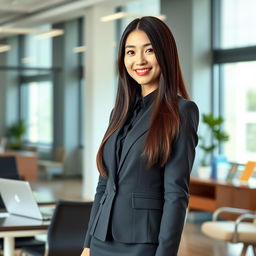 A beautiful long-haired Korean secretary with straight hair, light skin, and warm brown eyes, elegantly dressed in a conservative outfit
