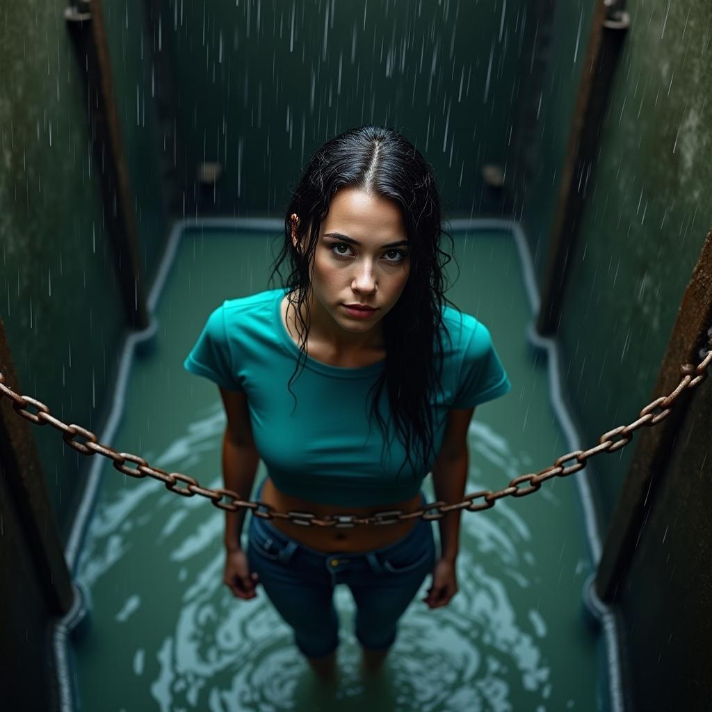 A slim woman wearing a teal cropped t-shirt and blue cuffed jeans is chained to a metal gate in a deep pit filled with water