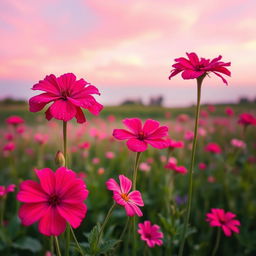 A beautifully enhanced photo of a serene landscape, featuring vibrant blooming flowers in the foreground and soft pastel colors in the background