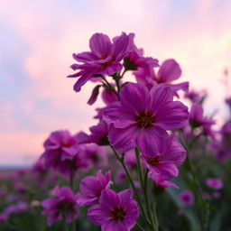 A beautifully enhanced photo of a serene landscape, featuring vibrant blooming flowers in the foreground and soft pastel colors in the background
