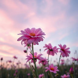 A beautifully enhanced photo of a serene landscape, featuring vibrant blooming flowers in the foreground and soft pastel colors in the background