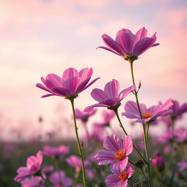 A beautifully enhanced photo of a serene landscape, featuring vibrant blooming flowers in the foreground and soft pastel colors in the background