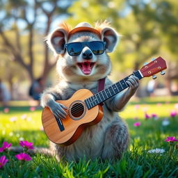 A quokka enthusiastically playing an acoustic guitar, with a cheerful expression on its face