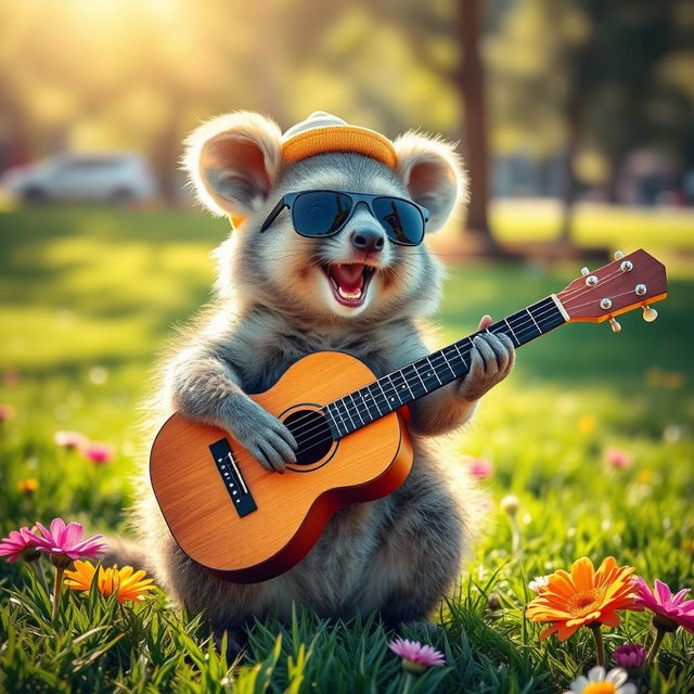 A quokka enthusiastically playing an acoustic guitar, with a cheerful expression on its face