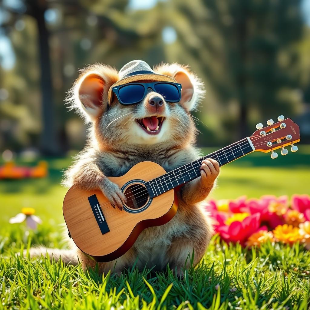 A quokka enthusiastically playing an acoustic guitar, with a cheerful expression on its face