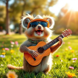 A quokka enthusiastically playing an acoustic guitar, with a cheerful expression on its face