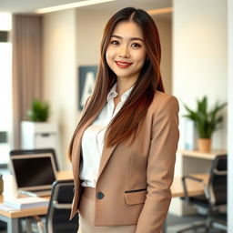 A beautiful Korean secretary with long, straight hair and light skin, featuring warm brown eyes, dressed in an elegant conservative outfit