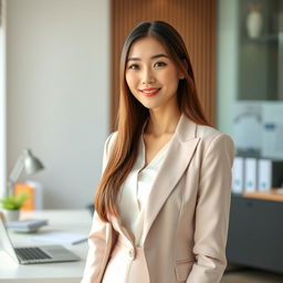 A beautiful Korean secretary with long, straight hair and light skin, featuring warm brown eyes, dressed in an elegant conservative outfit