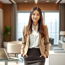 A beautiful Korean secretary with long, straight hair and light skin, featuring warm brown eyes, dressed in an elegant conservative outfit