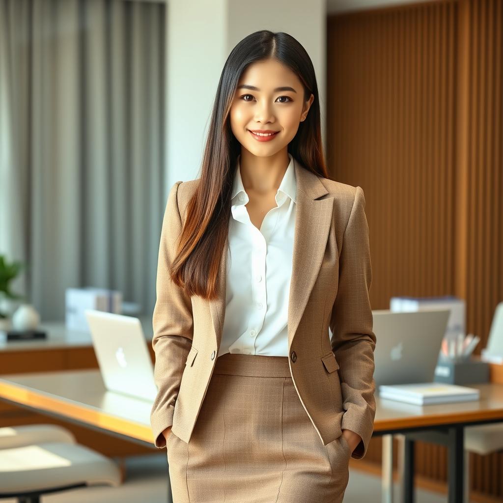 A beautiful Korean secretary with long, straight hair and light skin, featuring warm brown eyes, dressed in an elegant conservative outfit