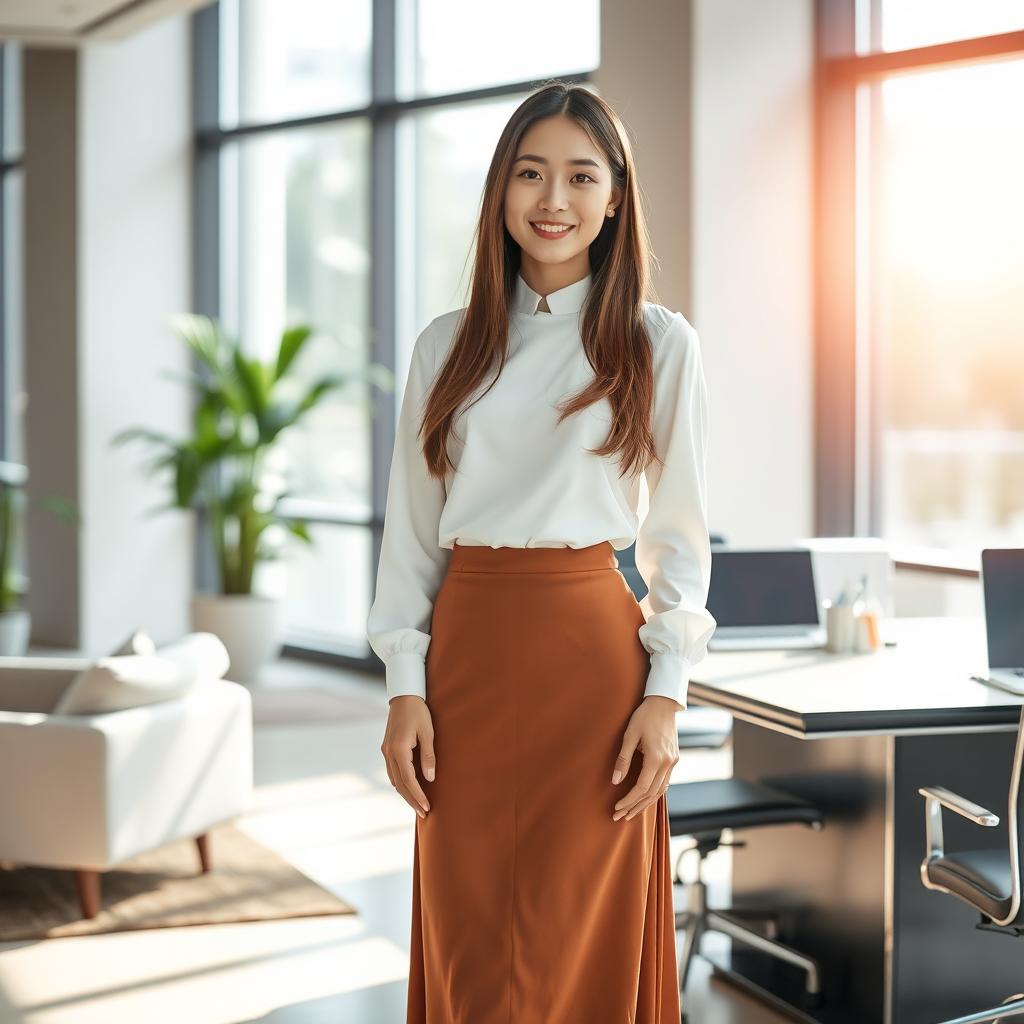 A beautiful Korean secretary with long, straight hair, light skin, and warm brown eyes, elegantly dressed in a white long sleeve blouse and a flowing long skirt