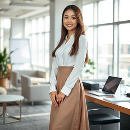 A beautiful Korean secretary with long, straight hair, light skin, and warm brown eyes, elegantly dressed in a white long sleeve blouse and a flowing long skirt