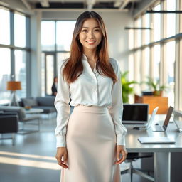 A beautiful Korean secretary with long, straight hair, light skin, and warm brown eyes, elegantly dressed in a white long sleeve blouse and a flowing long skirt