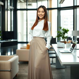 A beautiful Korean secretary with long, straight hair, light skin, and warm brown eyes, elegantly dressed in a white long sleeve blouse and a flowing long skirt