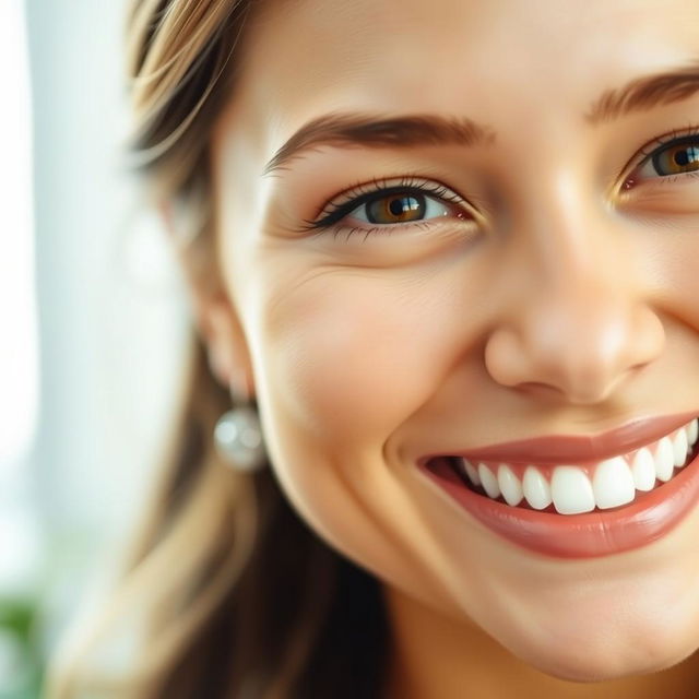 A close-up of a person's face with a warm and vibrant smile, showcasing happiness and joy