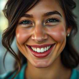 A close-up of a person's face with a warm and vibrant smile, showcasing happiness and joy