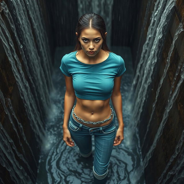 A slim woman wearing a teal cropped t-shirt and blue cuffed jeans, chained to a metal gate