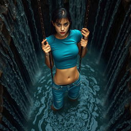 A slim woman wearing a teal cropped t-shirt and blue cuffed jeans, chained to a metal gate