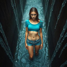 A slim woman wearing a teal cropped t-shirt and blue cuffed jeans, chained to a metal gate