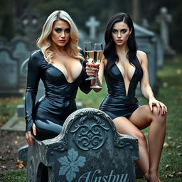 A captivating photographic image featuring a thick, curvy, shapely, and extremely beautiful young woman with striking blond hair, dressed in a very tight low-cut black latex catsuit that accentuates her enviable figure