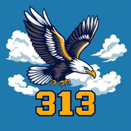 A striking logo design that features a powerful eagle soaring through a blue sky with white clouds