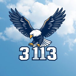 A striking logo design that features a powerful eagle soaring through a blue sky with white clouds