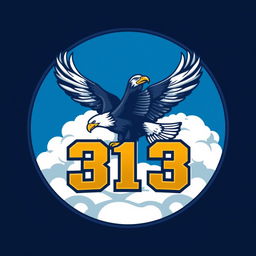 A striking logo design that features a powerful eagle soaring through a blue sky with white clouds