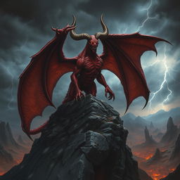 A powerful and intimidating demon with large, leathery wings, crimson skin, and fierce horns