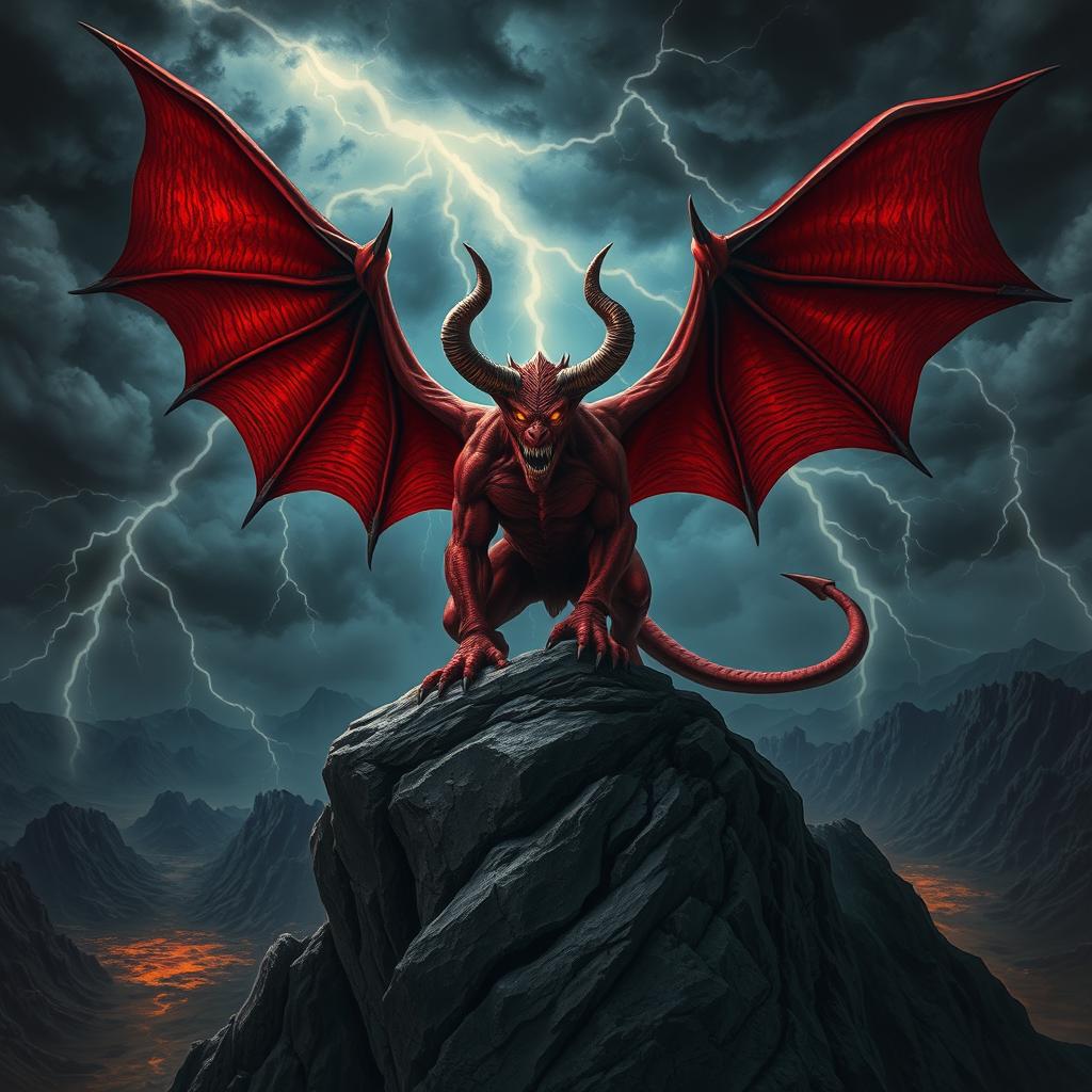 A powerful and intimidating demon with large, leathery wings, crimson skin, and fierce horns