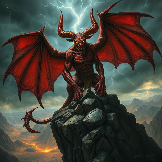 A powerful and intimidating demon with large, leathery wings, crimson skin, and fierce horns