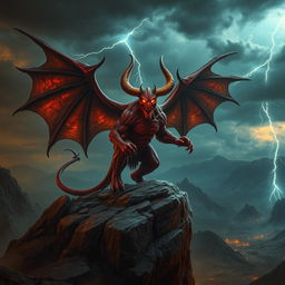 A powerful and intimidating demon with large, leathery wings, crimson skin, and fierce horns