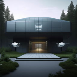 front view of entrance of futuristic maximum-security penitentiary including security cameras in the middle of forest in broad daylight based on https://files.dreamhome.software/files/static/37174