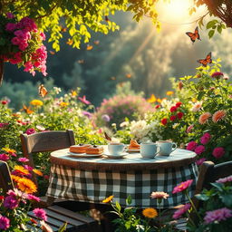 A tranquil landscape featuring a cozy outdoor cafe nestled among vibrant flowers and lush greenery