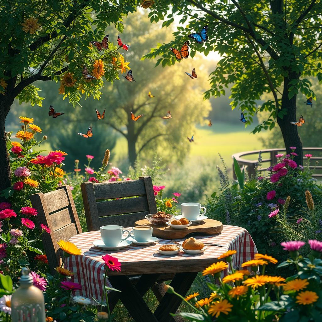 A tranquil landscape featuring a cozy outdoor cafe nestled among vibrant flowers and lush greenery