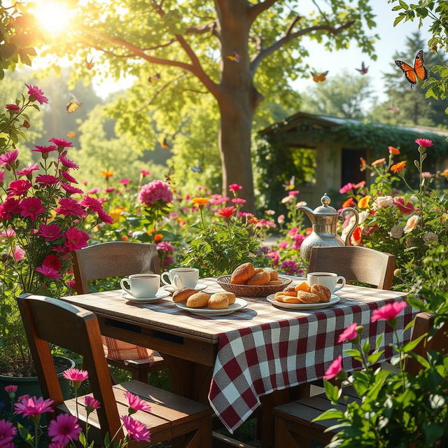 A tranquil landscape featuring a cozy outdoor cafe nestled among vibrant flowers and lush greenery