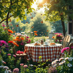 A tranquil landscape featuring a cozy outdoor cafe nestled among vibrant flowers and lush greenery