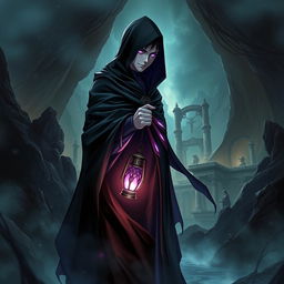 A striking light novel cover featuring a tall male figure shrouded in a flowing black hooded cloak that envelops him, leaving only his glowing purple eyes visible, which exude an air of mischief and power as he smirks confidently