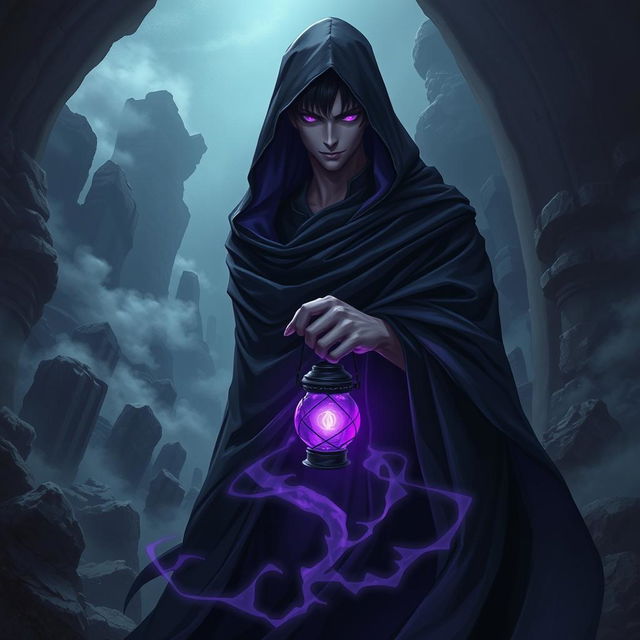 A striking light novel cover featuring a tall male figure shrouded in a flowing black hooded cloak that envelops him, leaving only his glowing purple eyes visible, which exude an air of mischief and power as he smirks confidently