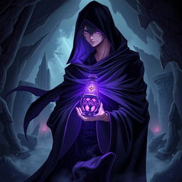 A striking light novel cover featuring a tall male figure shrouded in a flowing black hooded cloak that envelops him, leaving only his glowing purple eyes visible, which exude an air of mischief and power as he smirks confidently