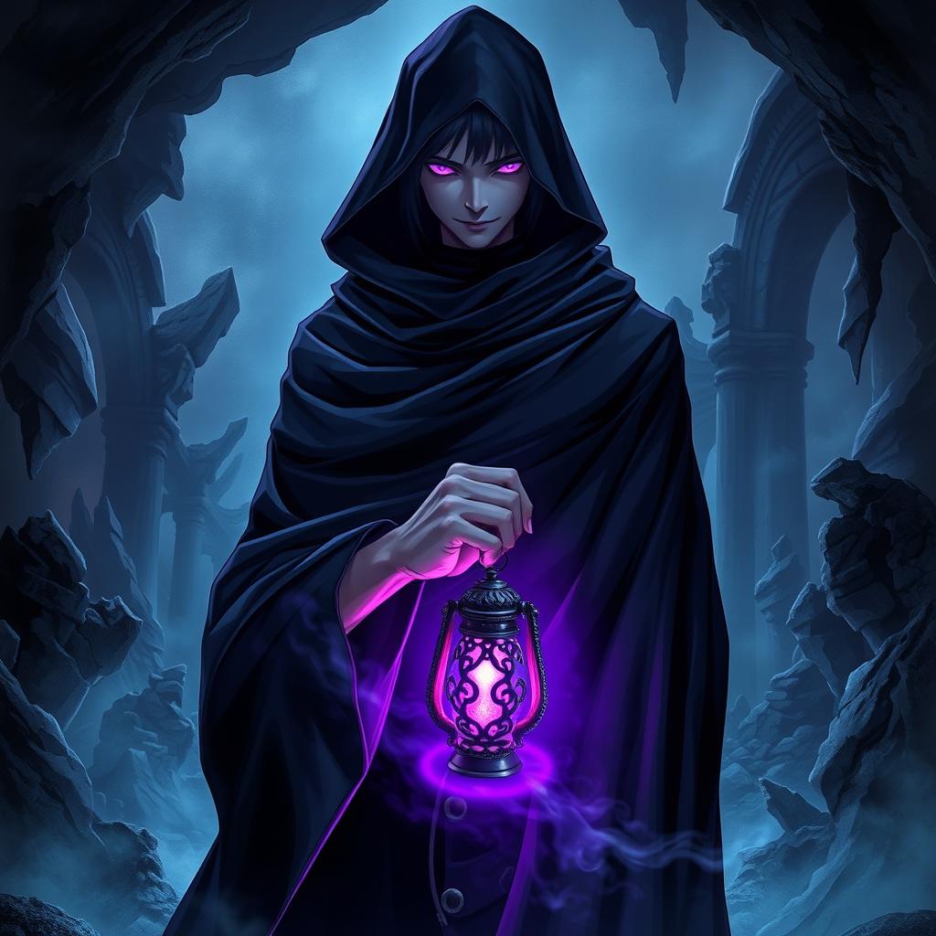 A striking light novel cover featuring a tall male figure shrouded in a flowing black hooded cloak that envelops him, leaving only his glowing purple eyes visible, which exude an air of mischief and power as he smirks confidently