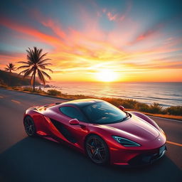 A sleek modern sports car parked on a scenic coastal road during sunset, with the ocean in the background reflecting the vibrant colors of the sky