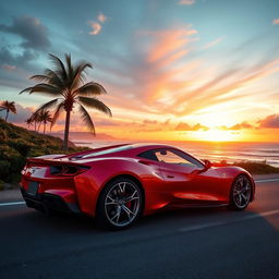 A sleek modern sports car parked on a scenic coastal road during sunset, with the ocean in the background reflecting the vibrant colors of the sky