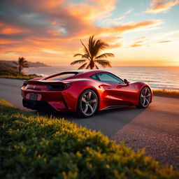 A sleek modern sports car parked on a scenic coastal road during sunset, with the ocean in the background reflecting the vibrant colors of the sky