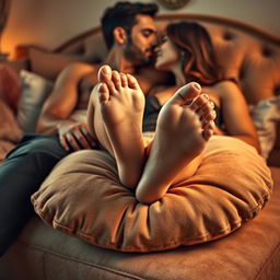 A sensual and artistic portrayal of a couple intimately sharing a moment, focusing on an elegant feet positioning over a plump cushion
