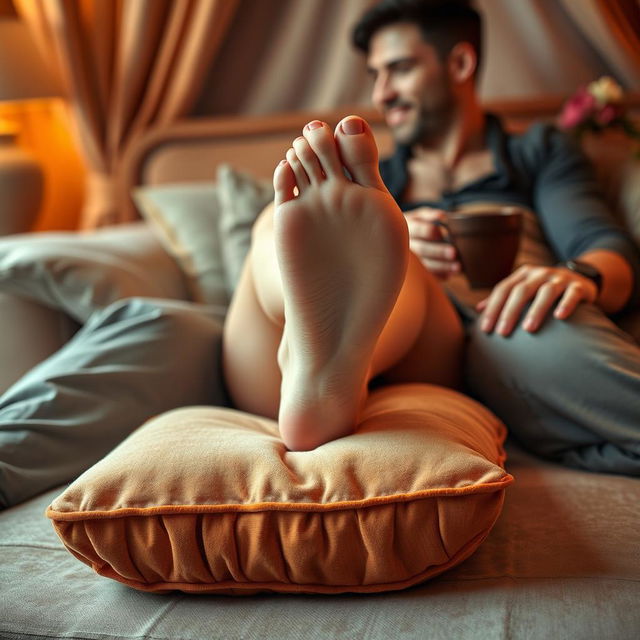 A sensual and artistic portrayal of a couple intimately sharing a moment, focusing on an elegant feet positioning over a plump cushion