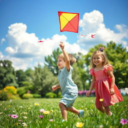 A vibrant summer day in a park, where a small boy is playing with a colorful kite in the sky, and a beautiful girl in a playful summer dress is nearby, smiling and enjoying the sunny atmosphere