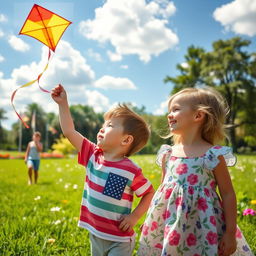 A vibrant summer day in a park, where a small boy is playing with a colorful kite in the sky, and a beautiful girl in a playful summer dress is nearby, smiling and enjoying the sunny atmosphere