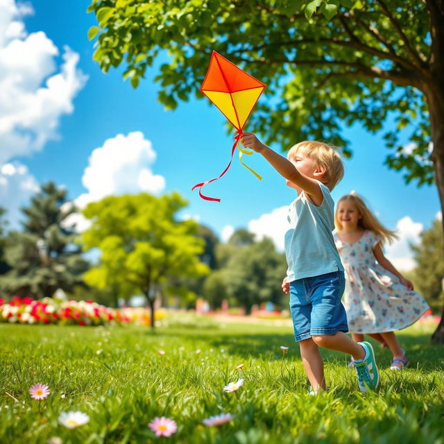 A vibrant summer day in a park, where a small boy is playing with a colorful kite in the sky, and a beautiful girl in a playful summer dress is nearby, smiling and enjoying the sunny atmosphere