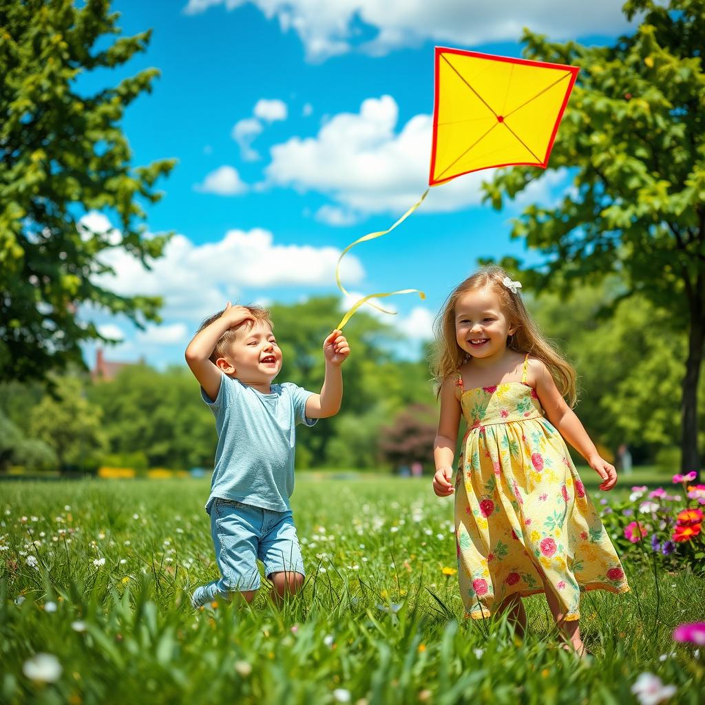 A vibrant summer day in a park, where a small boy is playing with a colorful kite in the sky, and a beautiful girl in a playful summer dress is nearby, smiling and enjoying the sunny atmosphere