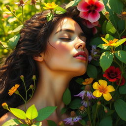 A tastefully artistic representation of a woman emotionally connected to nature, surrounded by lush greenery and vibrant flowers